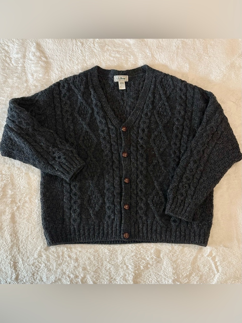 Vintage L.L. Bean Irish Wool Fisherman Cardigan Sweater Men's L Gray Cable Knit